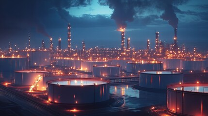 Fototapeta premium Glowing tank farm oil and gas terminal 