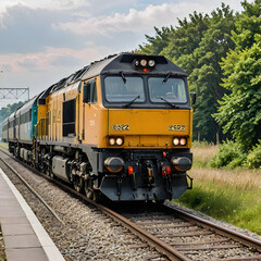 Fototapeta premium arafly looking train on the tracks near a platform with trees