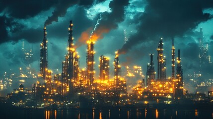 Fototapeta premium Double exposure of petrochemical plant at night. Concept of energy industry 