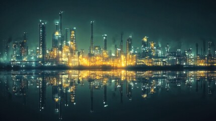 Double exposure of petrochemical plant at night. Concept of energy industry 