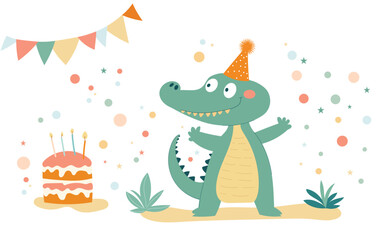  A cheerful crocodile wearing a party hat celebrates a birthday with a cake, surrounded by colorful decorations, perfect for children's events.