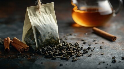Green tea with a tea bag, isolated on a dark brown background with decorative cinnamon sticks and honey drizzle