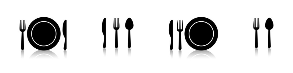 Plate fork spoon and knife vector icons. Plate with utensils around it