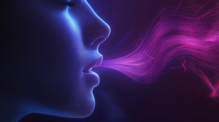 Obraz premium A close-up of a woman's profile, exhaling colorful smoke, symbolizing creativity and emotion, set against a dramatic gradient background.