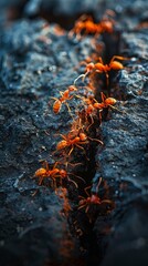Fototapeta premium Ants march in the sunlight on a rocky surface.