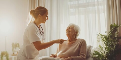 Smiling nurse comforting an elderly woman with a gentle touch in a sunlit room, focus on care and warmth, creating a peaceful and supportive environment, copy space, selective focus

