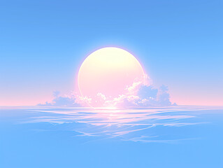 a serene sunrise or sunset over a calm ocean with a large, bright, crescent moon in the background.