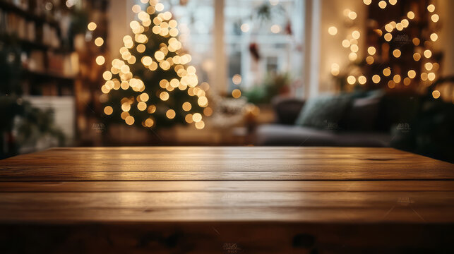 Empty woooden table- living room -decor with christmas tree and blur background 