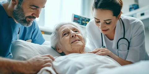 Fototapeta premium Doctors and a nurse providing care to an elderly patient in a hospital bed, offering emotional and medical support, warm and compassionate environment, copy space, selective focus