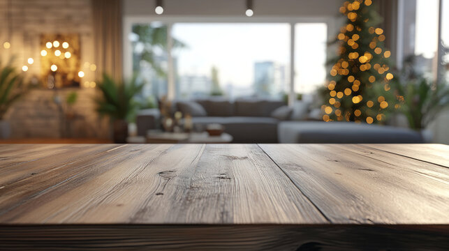 Empty woooden table- living room -decor with christmas tree and blur background 