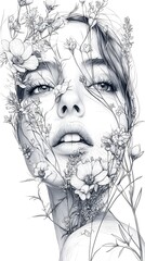 Fototapeta premium A detailed pencil drawing of a woman's face surrounded by delicate flowers. The artwork features a focus on the woman's eyes and lips.
