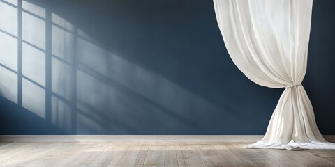 White curtain against dark blue wall with wooden floor, minimalistic and serene ambiance.