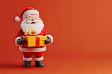 Obraz premium Smiling Santa Claus Holding a Gold Gift Box with Red Ribbon