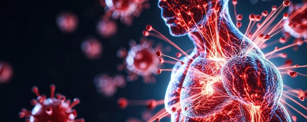Human anatomy illustration with virus cells, vibrant colors, dark background.