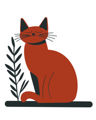 Funny red sleeping cat with a branch on a white background, children's cartoon vector illustration