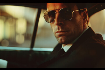 Ai generated retro photo of well-groomed luxurious rich man in car