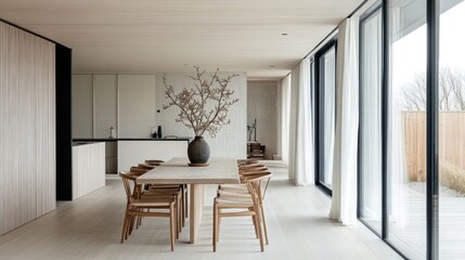 Minimalist Dining Room with Wooden Table, Chairs, and Branch Arrangement