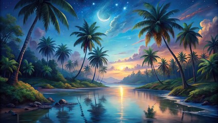 night scene, river, palm trees, painting, art