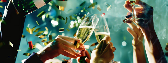 Friends raise champagne glasses amid confetti during a festive celebration. perfect for occasions joy, friendship, and special moments, this scene embodies the spirit of togetherness and excitement.