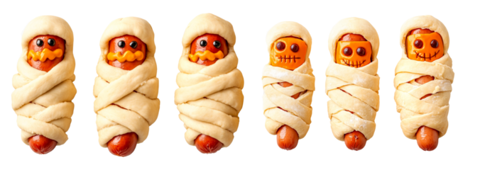 Halloween-themed mummy hot dogs wrapped in dough with eyes and mouths isolated on white transparent background. Concept of fun and festive Halloween food