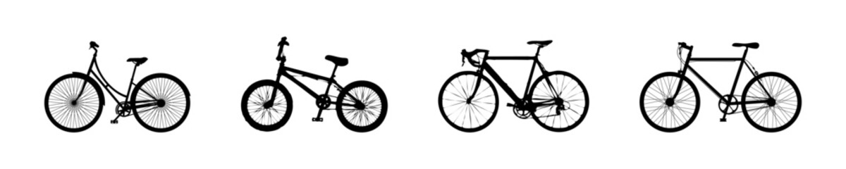 Fototapeta premium Silhouettes of bicycles vector set. Different bicycle types.