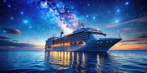Night sky ocean liner illuminated with bright blue lights