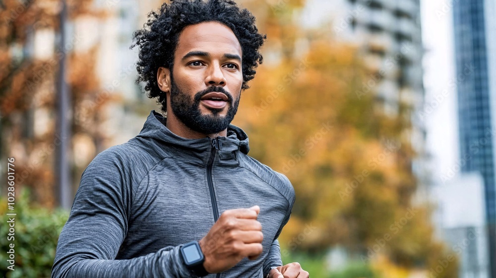 Poster man using a wearable fitness tracker while jogging in a modern city park surrounded by skyscrapers s
