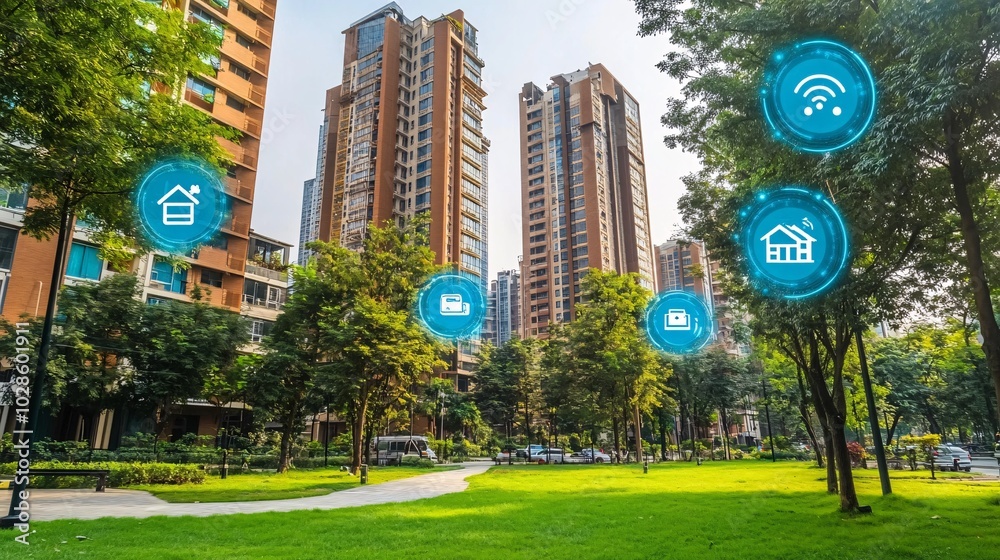 Poster high-rise residential complex with smart home systems and technology-enabled facilities stock photo 