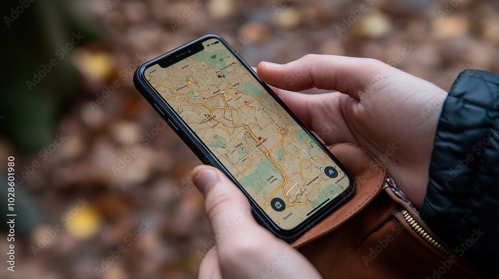 Poster digital map of an urban area displayed on a smartphone, guiding a person using a ride-hailing servic