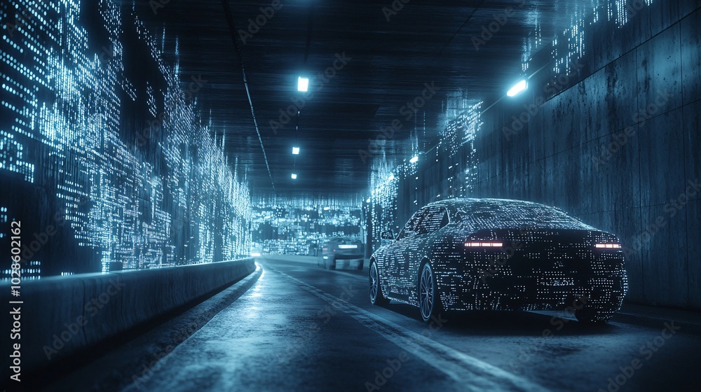 Poster automated self-driving cars in an urban environment, navigating through a busy city stock photo with