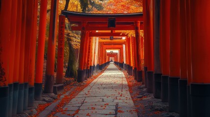 Fototapeta premium A pathway lined with red torii gates leading to a shrine in Japan