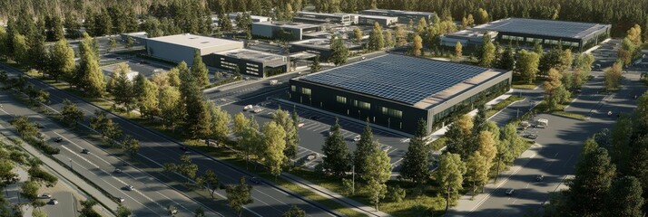 Photorealistic data center surrounded by nature with solar panels