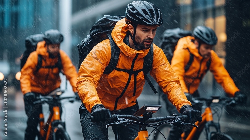Poster busy street scene with food delivery bikers using gps apps on their smartphones in a tech-driven cit