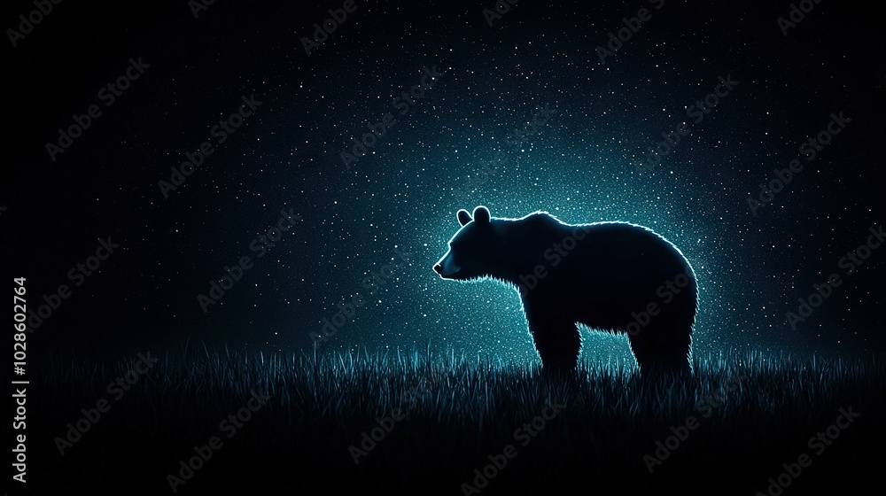 Canvas Prints  A black bear atop a grassy field beneath the star-filled night sky and full moon