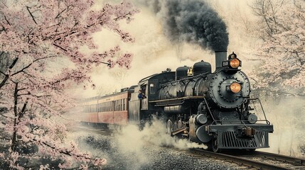 Naklejka premium Train and Cherry Blossom