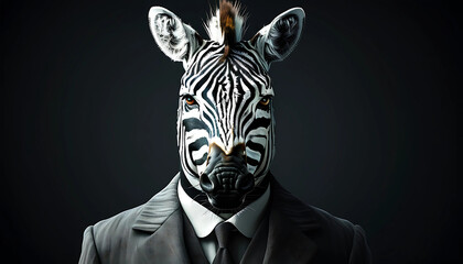 Creative Concept of Zebra in Business Attire on Dark Background