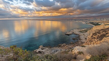 Sunset Over Calm Coastal Waters and Rocky Shore