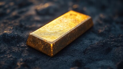 A shining gold bar resting on a textured surface, symbolizing wealth, luxury, and financial investment in a close-up view.