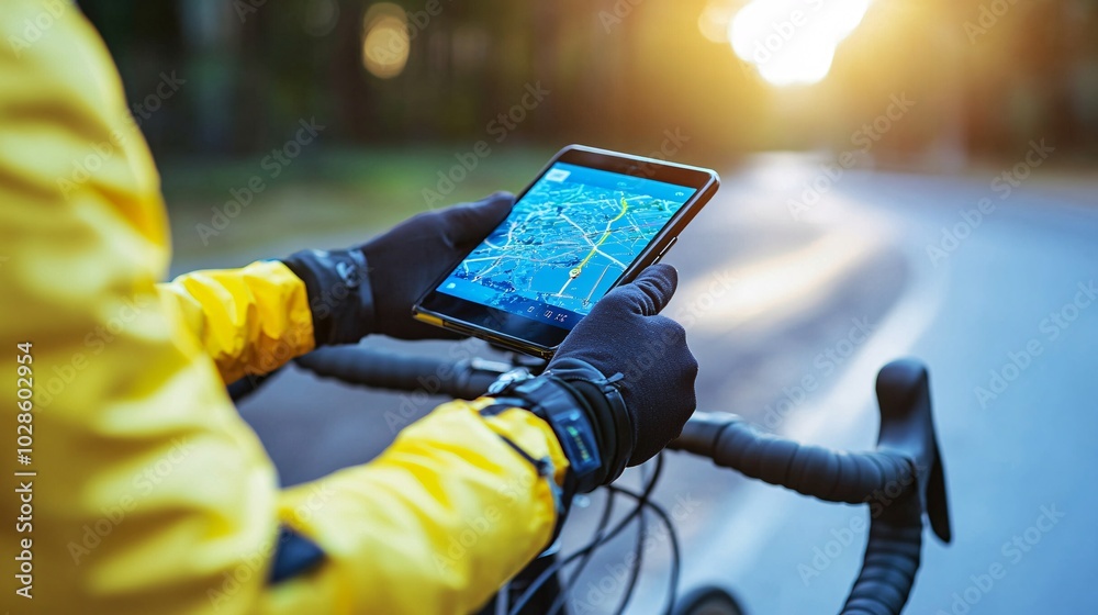 Poster Cyclist navigating an urban bike lane using a smartphone for route optimization and traffic updates Stock Photo with side copy space