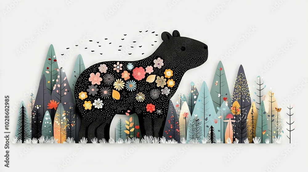 Sticker  A photo of a bear in a forest with flowers on its body and a bird flying above its head