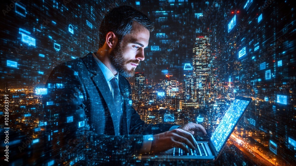 Poster Tech-savvy remote worker using a laptop and smart devices in a high-rise building with a city view Stock Photo with side copy space