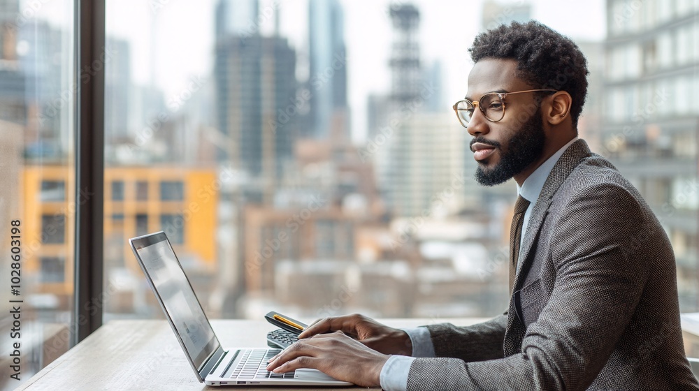 Poster Tech-savvy remote worker using a laptop and smart devices in a high-rise building with a city view Stock Photo with side copy space