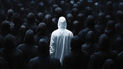 Obraz premium White figure distinct among black crowd, representing the concept of finding