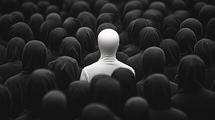 Fototapeta premium White figure distinct among black crowd, representing the concept of finding