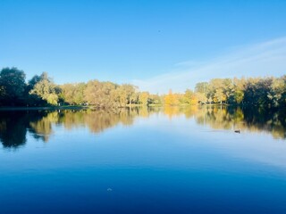 autumn trees reflection on the lake surface, blue lake reflection, golden autumn, lake in the park with quiet water as a mirror 