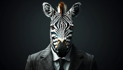 A surreal illustration of a zebra wearing a business suit, blending wildlife with corporate motifs, set against a dark background. Symbolizes creativity, uniqueness, and imagination in professional