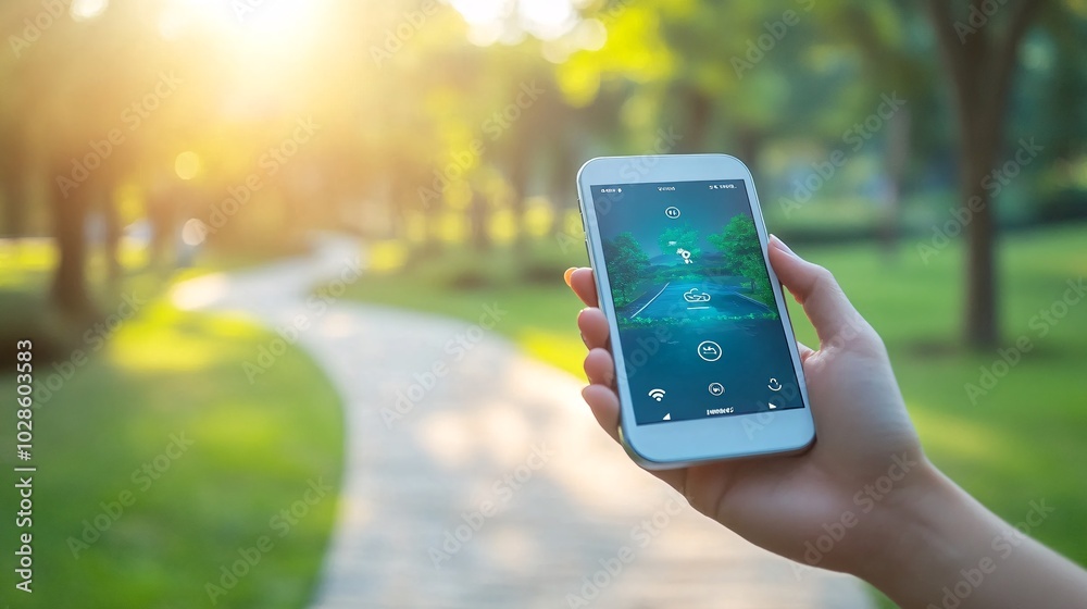 Poster person tracking daily steps and health metrics through a fitness app while walking in a tech-driven 