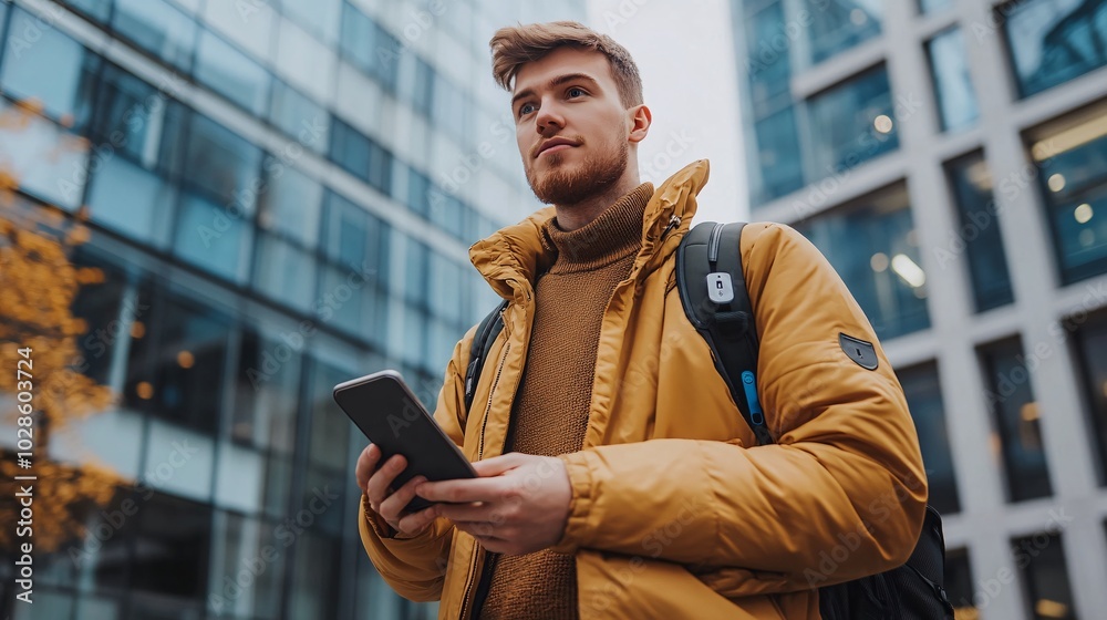 Poster urban residents controlling smart locks and security cameras remotely from their smartphones stock p