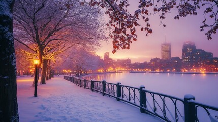 A winter landscape of New England at sunrise after the first snowfall, Boston, Massachusetts, USA.