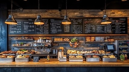 Digital menu boards and automated kiosks serving customers in a tech-driven urban restaurant Stock Photo with side copy space